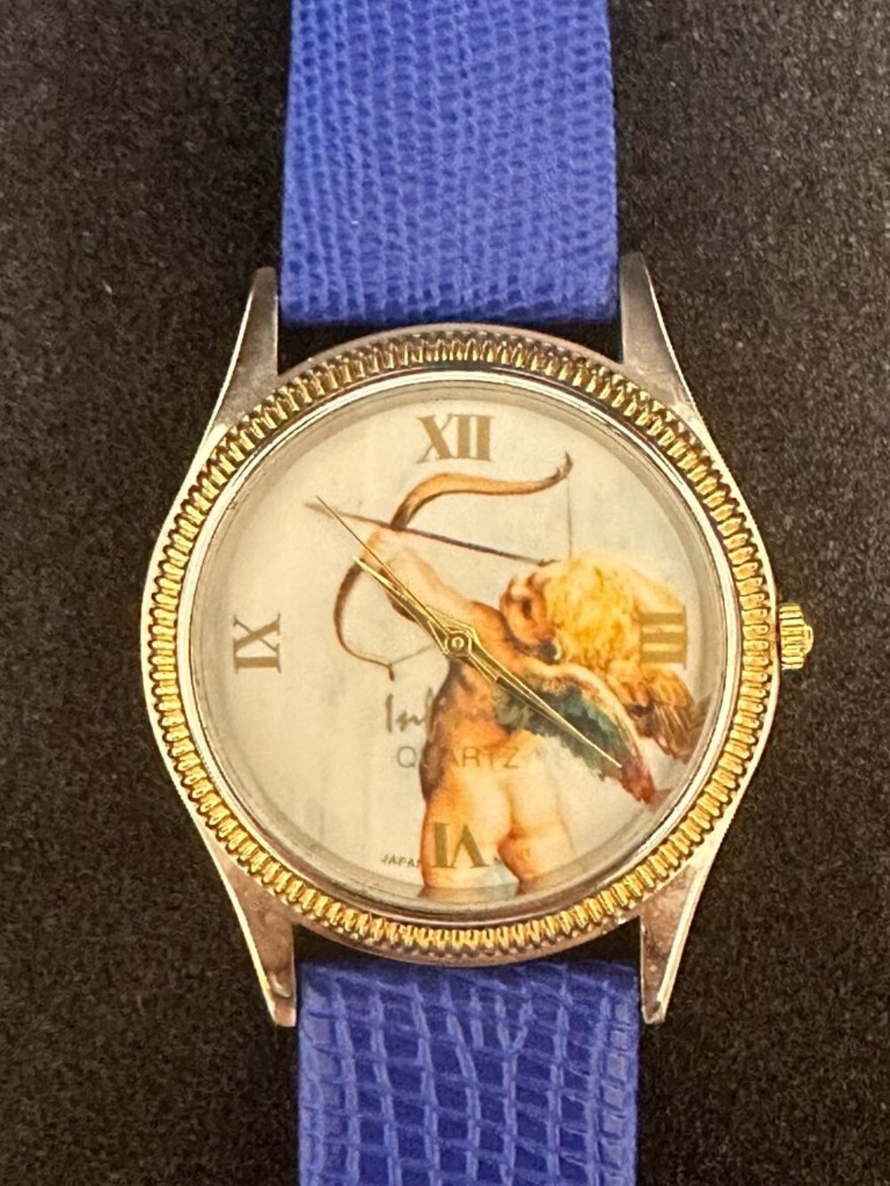 Vintage Cherub Dial Watch Womens Silver Gold Tone  Blue Leather Band New Battery